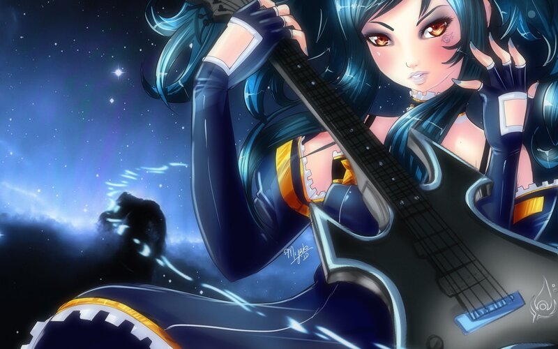 Anime Girl with Guitar — Blue, Dramatic, Night, Digital Art, Stars