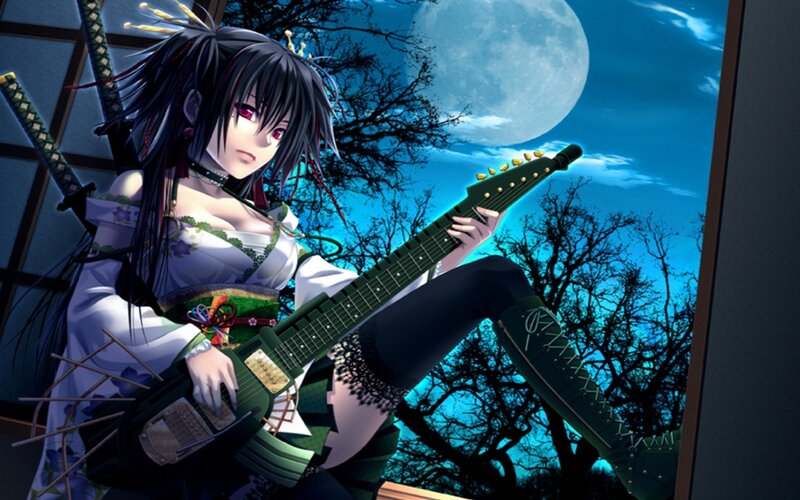 Anime Girl with Guitar — Blue, Dramatic, Night, Swords