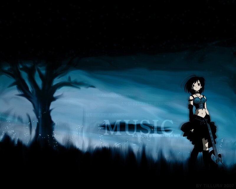 Anime Girl with Guitar — Blue, Dramatic, Night, Tree