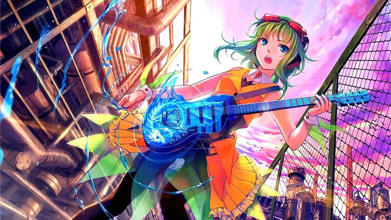 Anime Girl with Guitar — Blue, Dramatic, Sunset, Digital Art, Factory