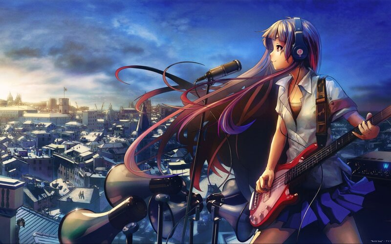 Anime Girl with Guitar — Blue, Dramatic, Sunset, Digital Art, Microphone