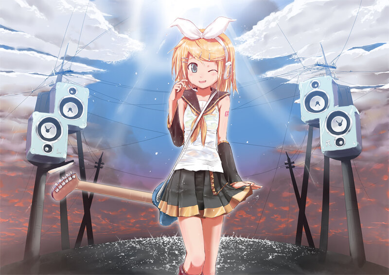 Anime Girl with Guitar — Blue, Dramatic, Sunset, Digital Art, Speakers