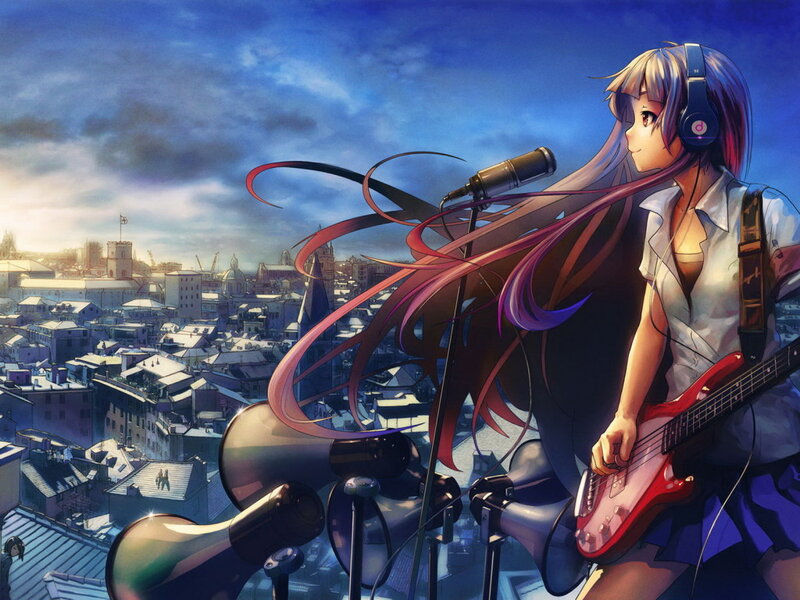 Anime Girl with Guitar — Blue, Dramatic, Sunset, Digital Art