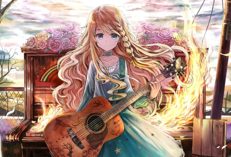 Anime Girl with Guitar — Blue, Dramatic, Sunset