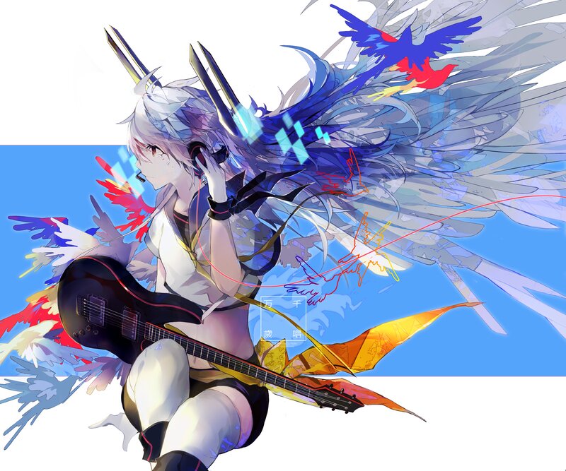 Anime Girl with Guitar — Blue, Dynamic, Digital Art, Headphones, Birds