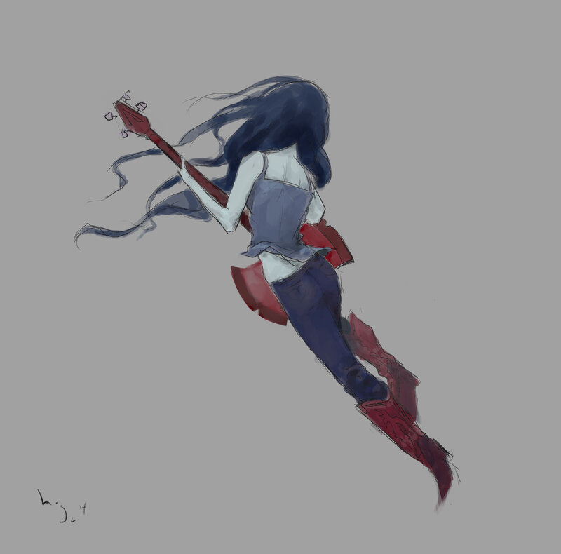 Anime Girl with Guitar — Blue, Dynamic, Digital Art, Long Hair, Boots