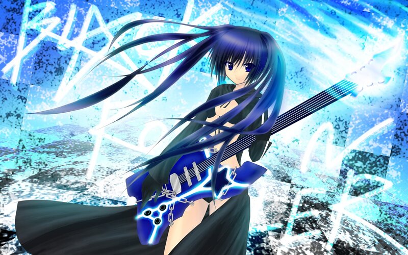 Anime Girl with Guitar — Blue, Dynamic, Digital Art, Long Hair