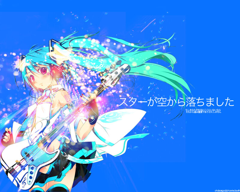 Anime Girl with Guitar — Blue, Energetic, Digital Art, Bubbles