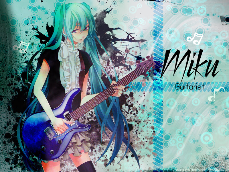 Anime Girl with Guitar — Blue, Energetic, Digital Art, Music Notes