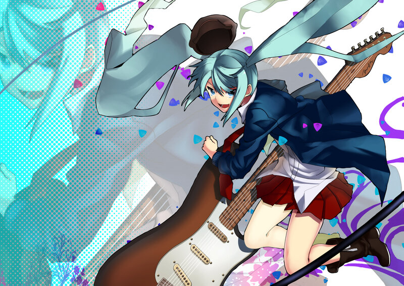 Anime Girl with Guitar — Blue, Energetic, Digital Art, School Uniform