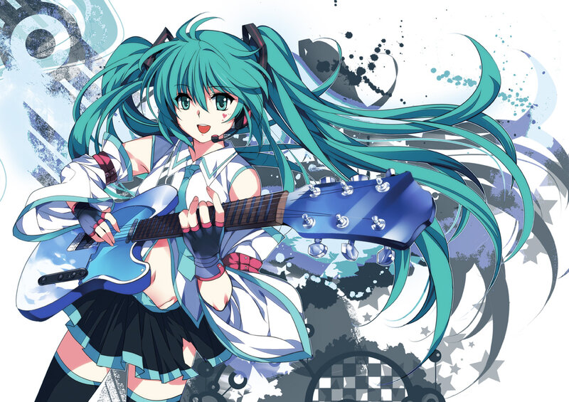 Anime Girl with Guitar — Blue, Energetic, Microphone