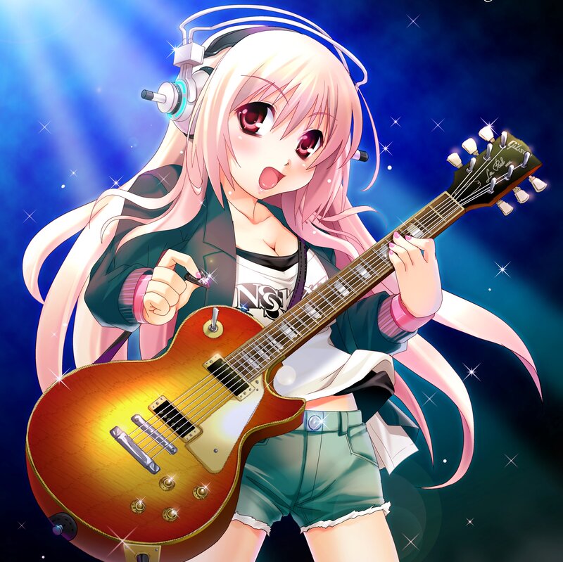 Anime Girl with Guitar — Blue, Energetic, Night, Headphones