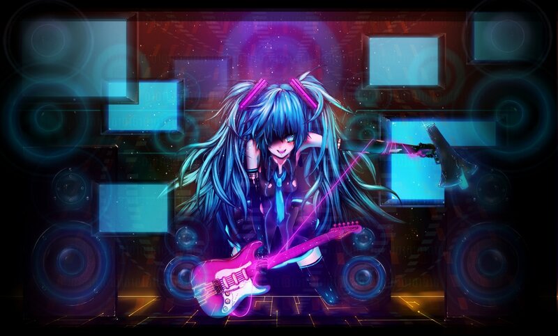 Anime Girl with Guitar — Blue, Energetic