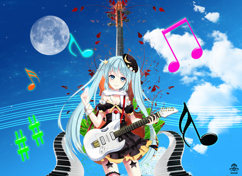 Anime Girl with Guitar — Blue, Fantastical, Night