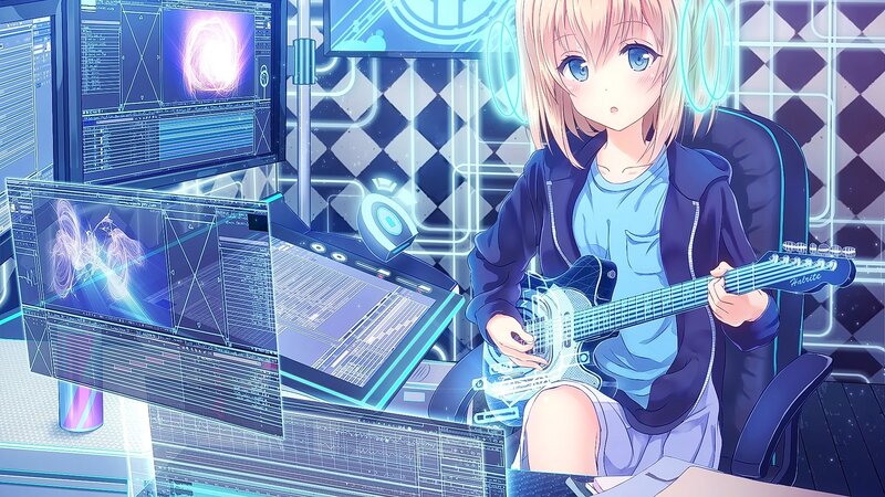 Anime Girl with Guitar — Blue, Futuristic, Digital Art