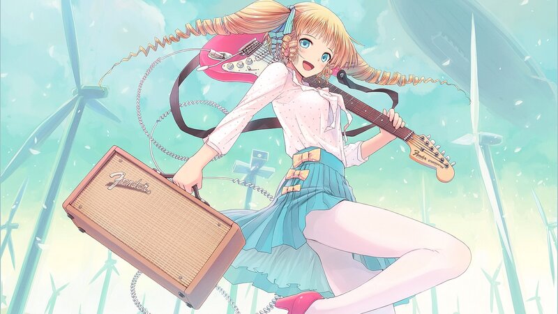 Anime Girl with Guitar — Blue, Playful, Afternoon, Amplifier