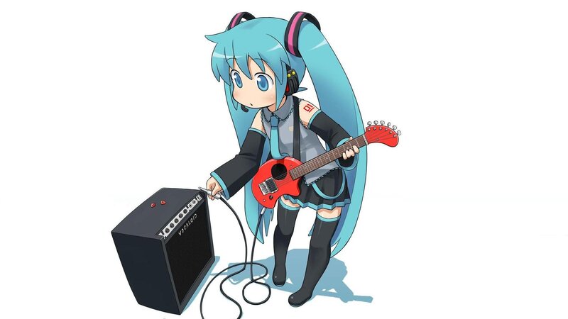 Anime Girl with Guitar — Blue, Playful, Digital Art, Amplifier