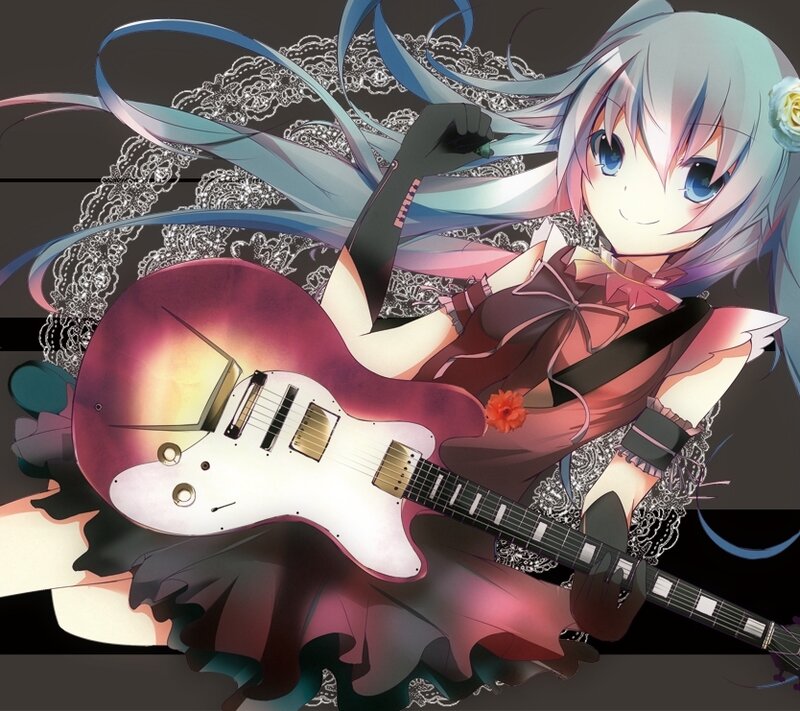 Anime Girl with Guitar — Blue, Playful, Digital Art