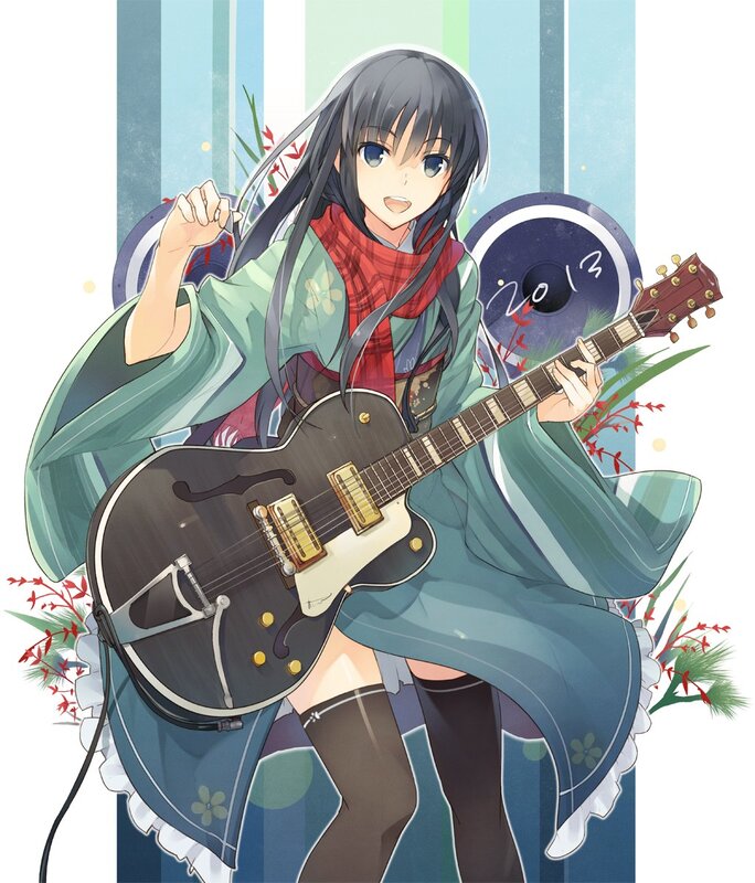Anime Girl with Guitar — Blue, Playful, Kimono, Scarf