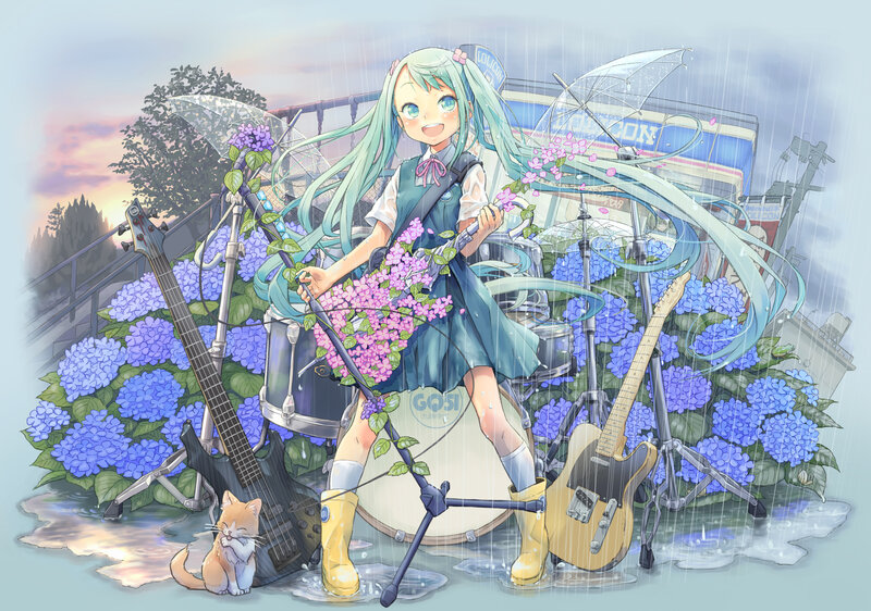 Anime Girl with Guitar — Blue, Rainy