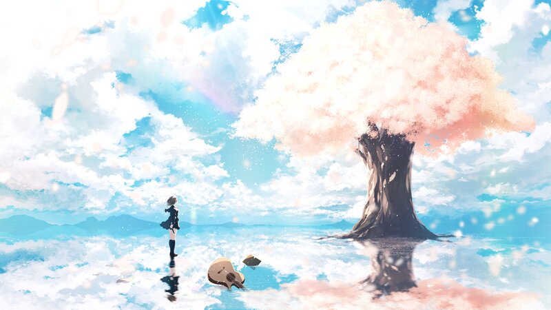 Anime Girl with Guitar — Blue, Serene, Spring