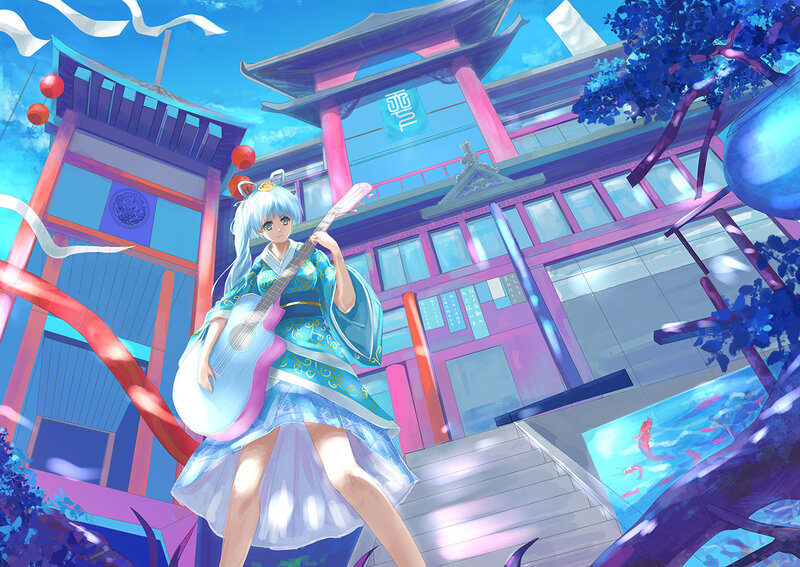 Anime Girl with Guitar — Blue, Serene