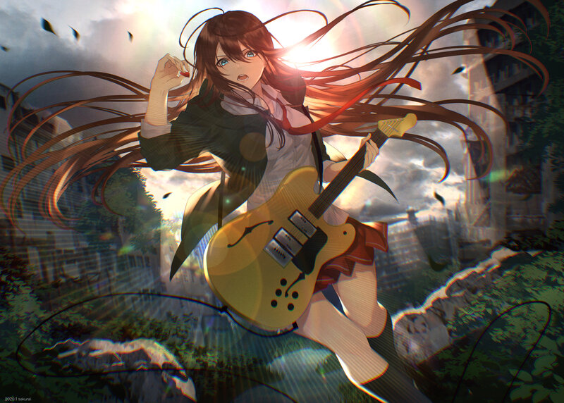 Anime Girl with Guitar — Brown, Dramatic, Sunset