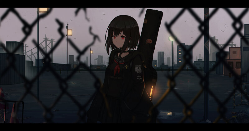 Anime Girl with Guitar Case — Black, Dramatic, Night