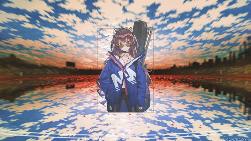 Anime Girl with Guitar Case — Blue, Dramatic, Sunset