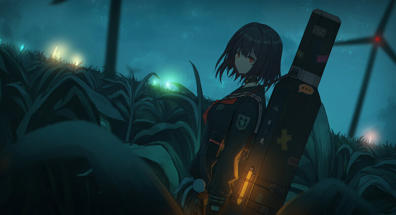 Anime Girl with Guitar Case — Blue, Dramatic