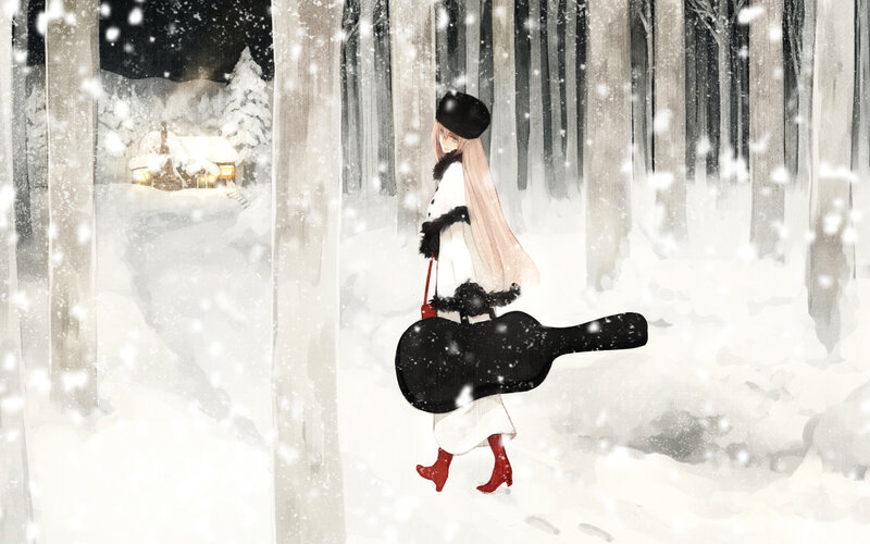 Anime Girl with Guitar Case — White