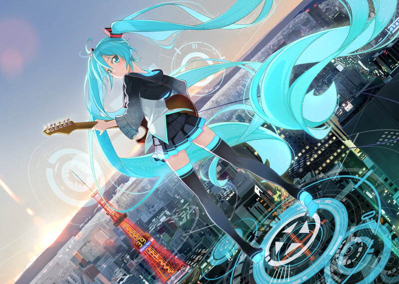 Anime Girl with Guitar — Cyan, Dynamic, Sunset