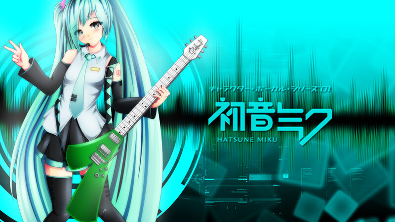 Anime Girl with Guitar — Cyan, Energetic, Digital Art, Microphone