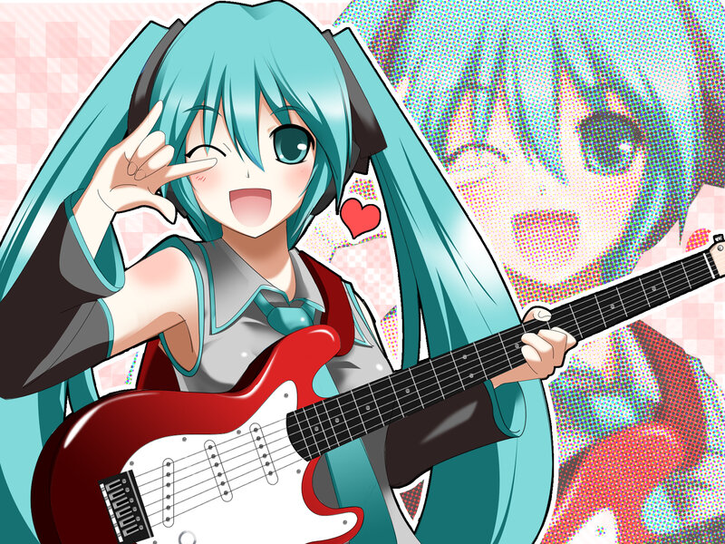 Anime Girl with Guitar — Cyan, Playful, Heart