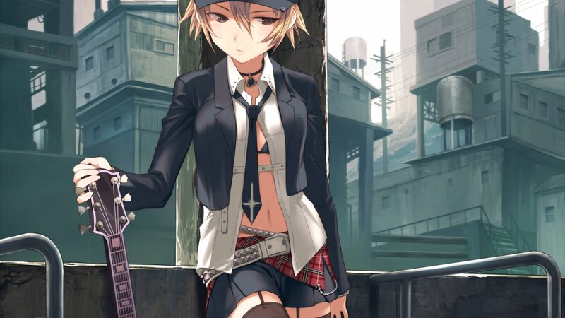 Anime Girl with Guitar — Gray, Dramatic, Afternoon
