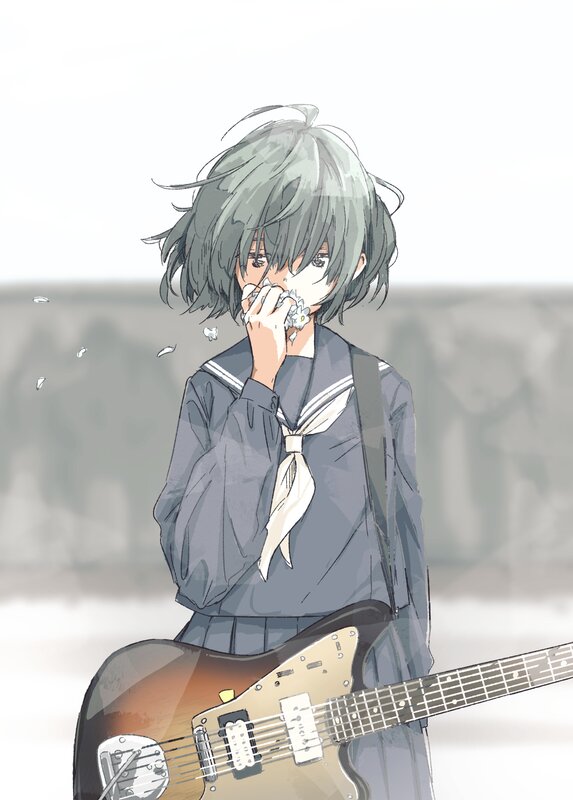 Anime Girl with Guitar — Gray, Melancholic, Digital Art