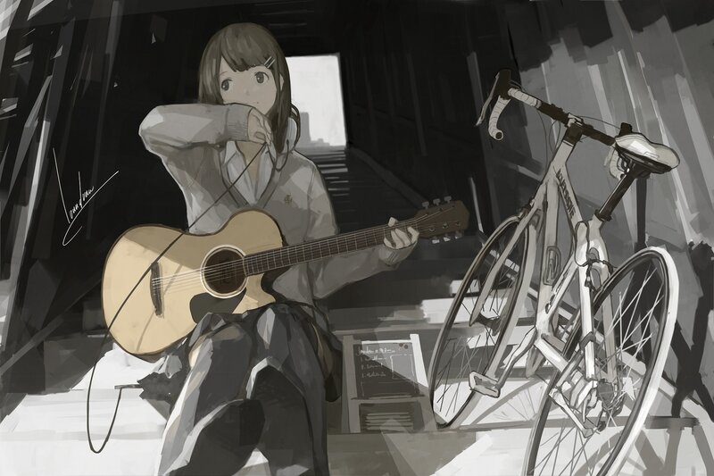 Anime Girl with Guitar — Gray