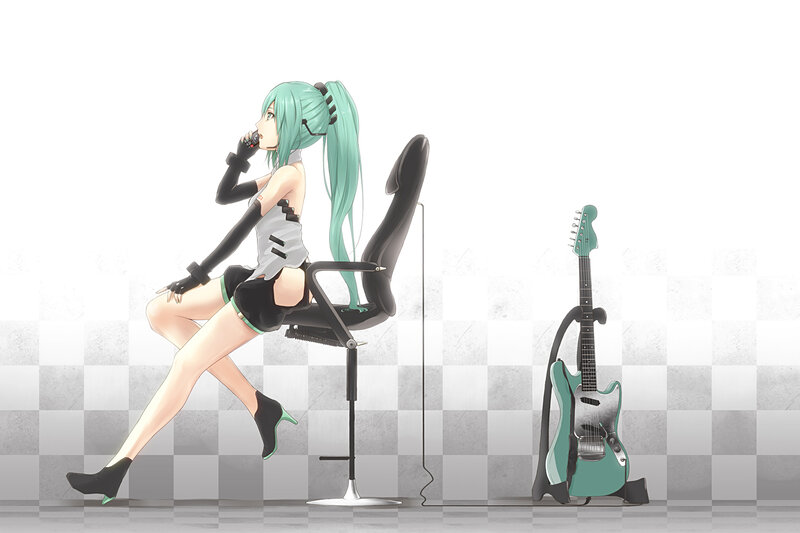 Anime Girl with Guitar — Green, Calm, Digital Art, Microphone