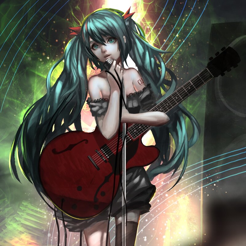 Anime Girl with Guitar — Green, Dramatic, Digital Art, Microphone