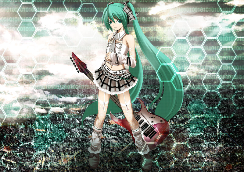 Anime Girl with Guitar — Green, Dramatic, Digital Art