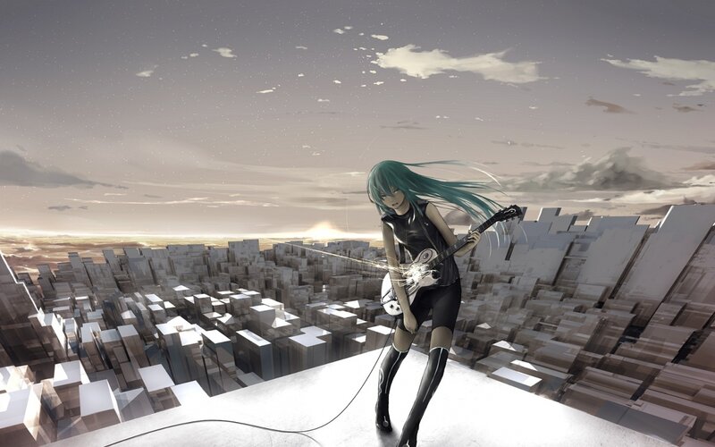Anime Girl with Guitar — Green, Dramatic, Sunset