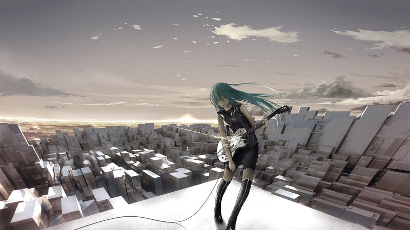 Anime Girl with Guitar — Green, Dramatic
