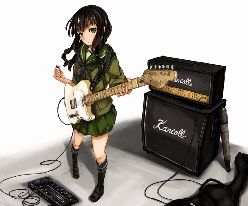 Anime Girl with Guitar — Green, Playful, Digital Art