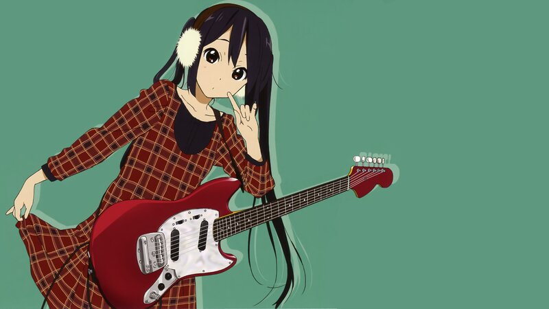 Anime Girl with Guitar — Green, Playful, Plaid Dress