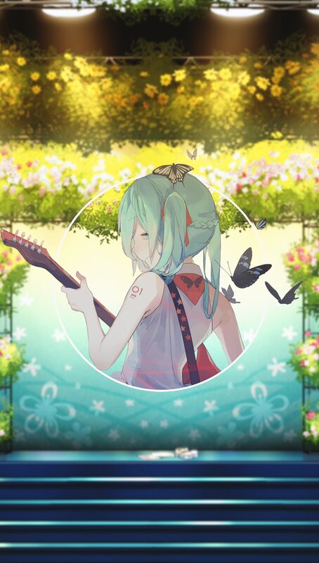 Anime Girl with Guitar — Green, Serene, Afternoon, Digital Art, Butterflies