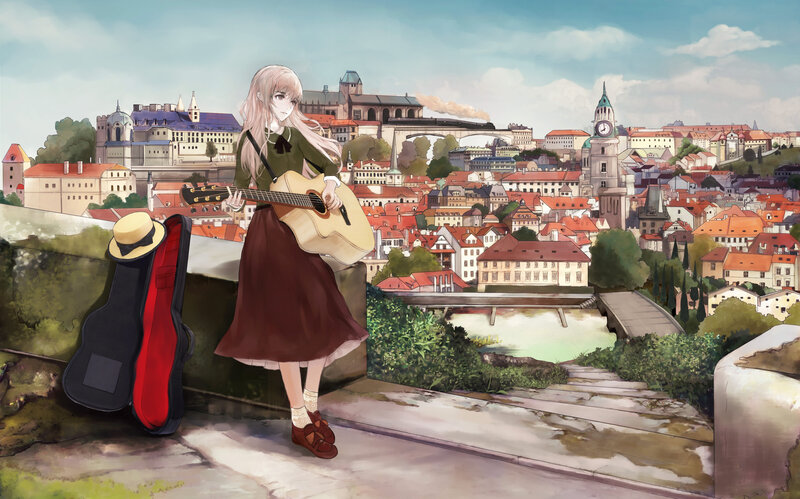 Anime Girl with Guitar — Green, Serene, Afternoon
