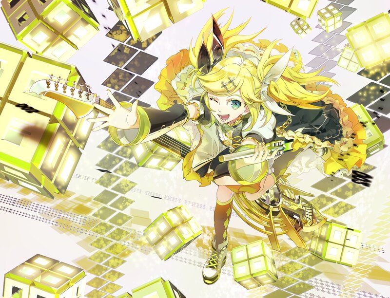 Anime girl with guitar in cube world