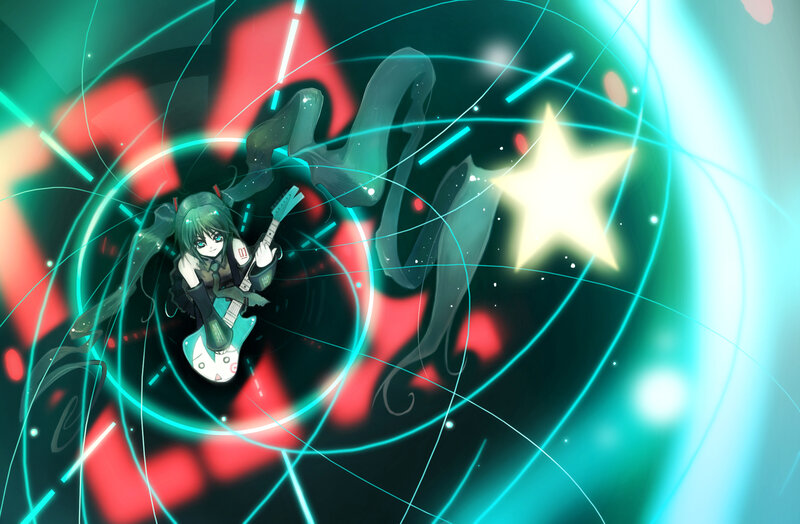 Anime girl with guitar in neon tunnel
