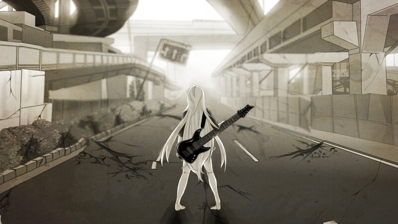 Anime girl with guitar in ruins