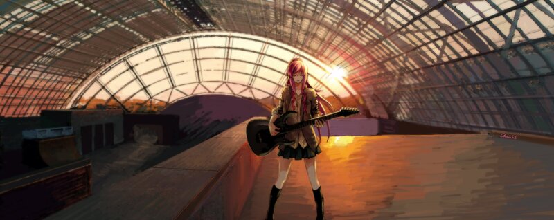 Anime girl with guitar in station
